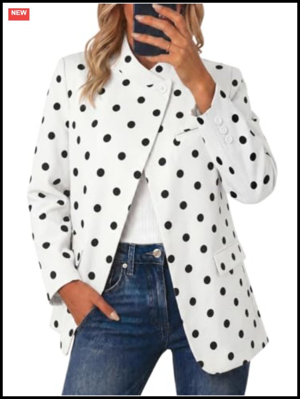 Polka Dot Blazer Women Business Suit Jacket Stand Collar Open Front Fitted